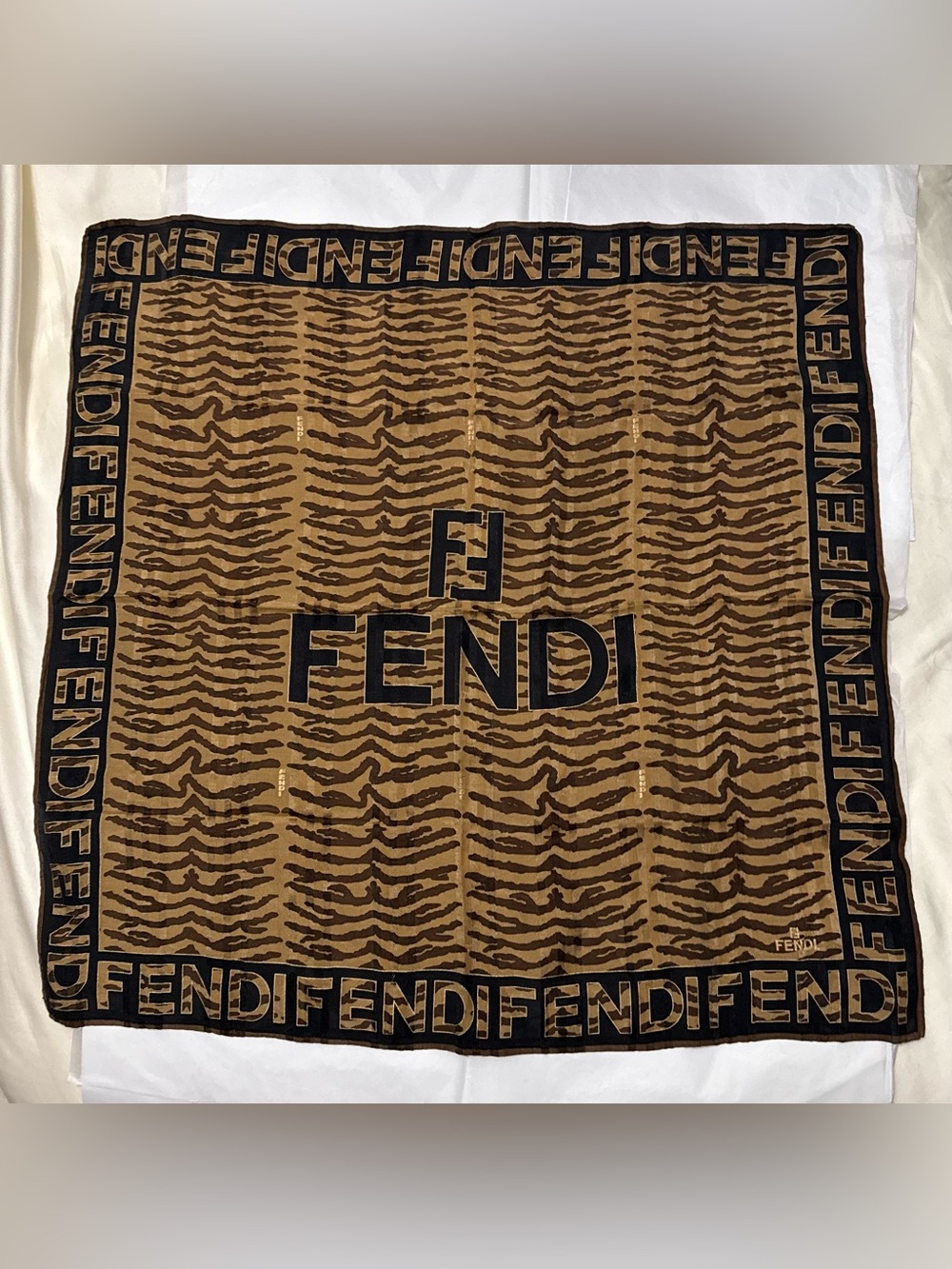 Fendi AUTHENTIC Vintage Logo FF Monogram Brown Black Zebra Small Scarf - Picture 3 of 16